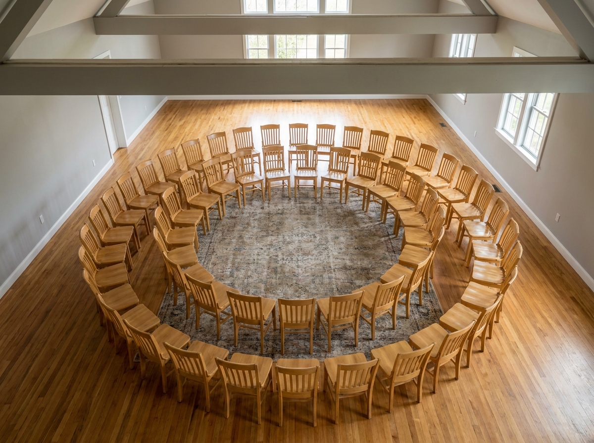 An empty room with chairs arranged for a non-partisan community workshop.