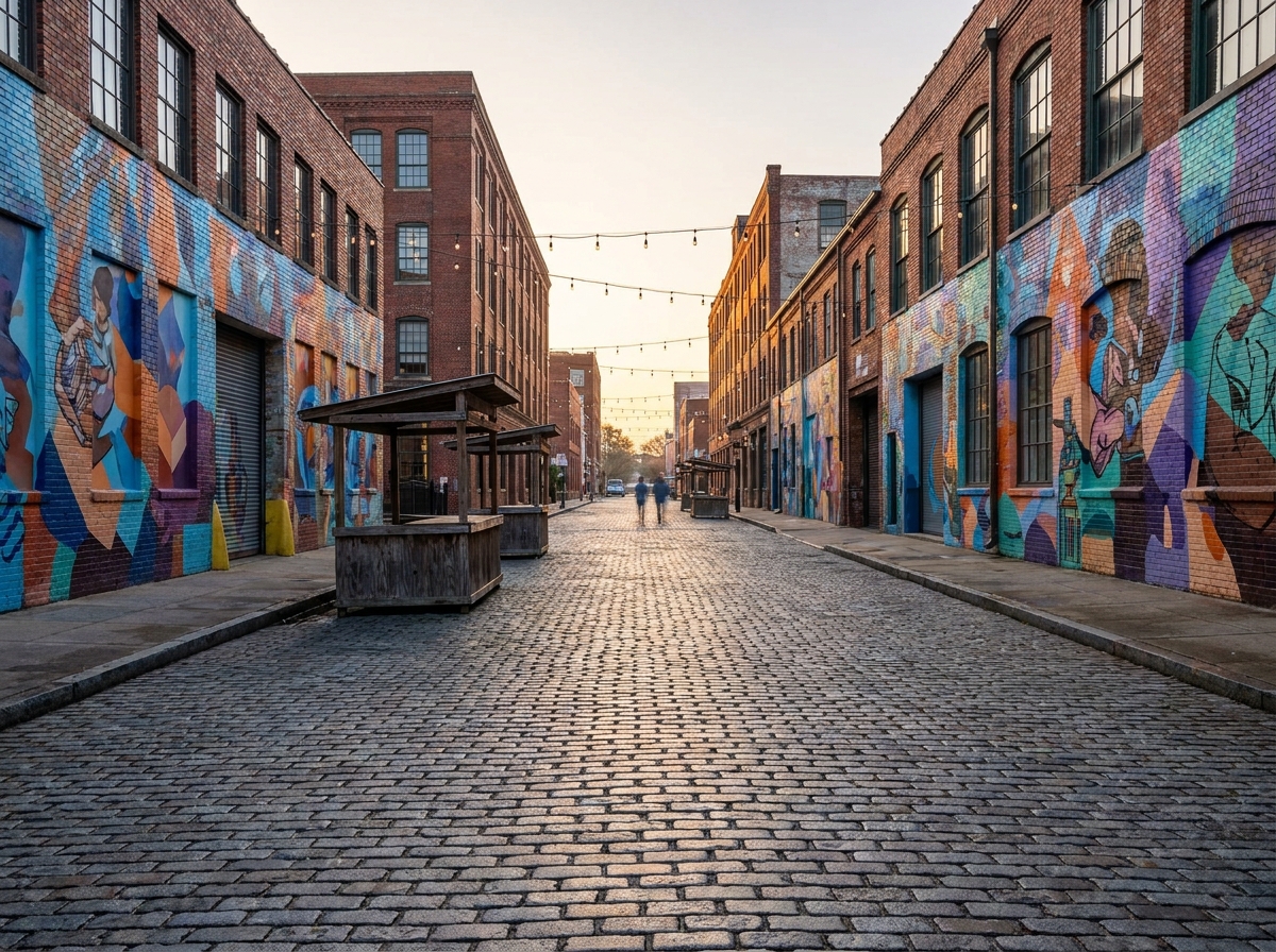 A street with colorful murals on buildings in the NEON Arts District of Norfolk.