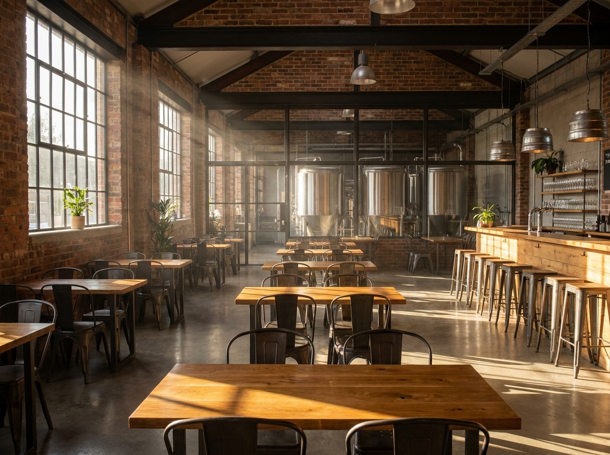 The sunlit, empty interior of a brewery tasting room set up for an event.