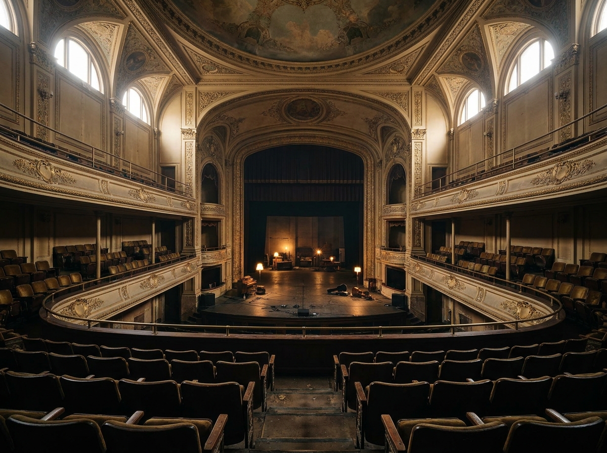 The ornate, empty interior of a historic theater in Norfolk before a show.