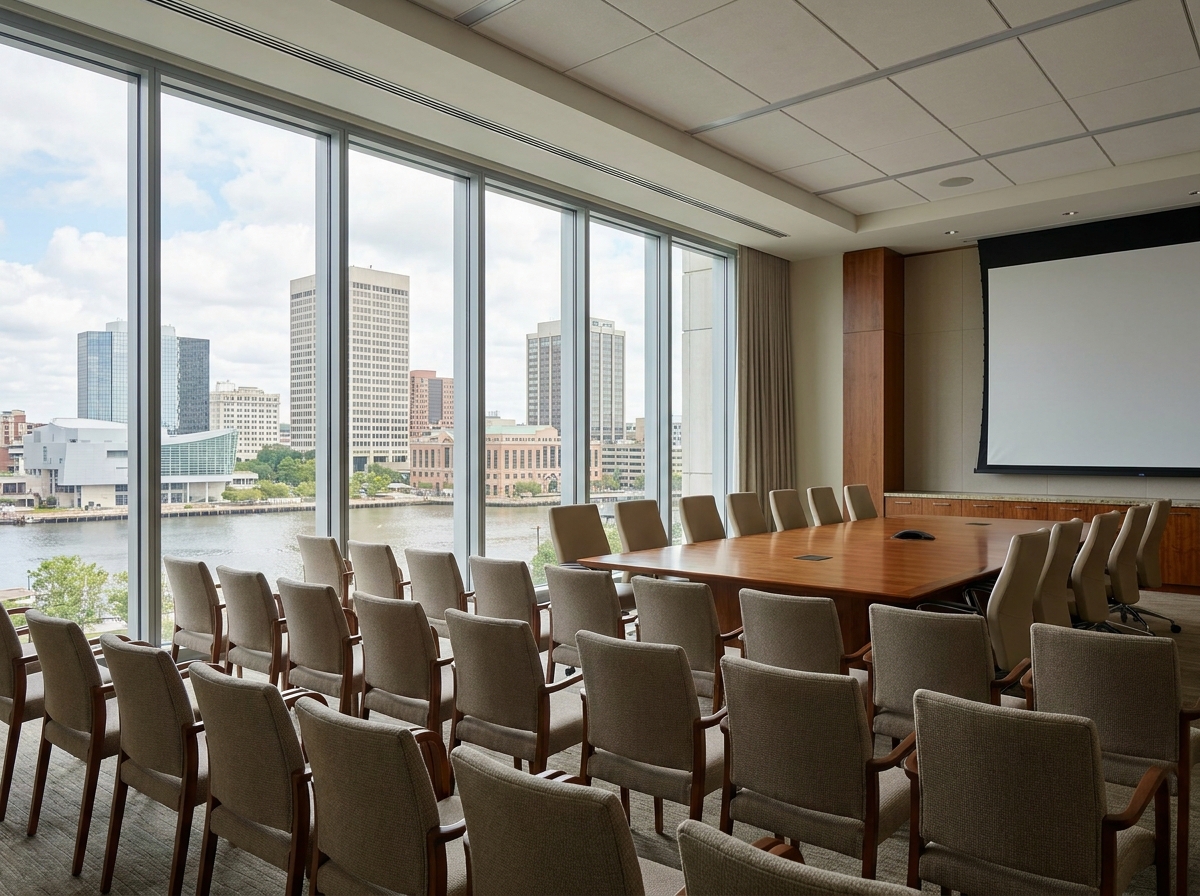 A conference room with chairs set up for a Norfolk event, with the city skyline in the background.
