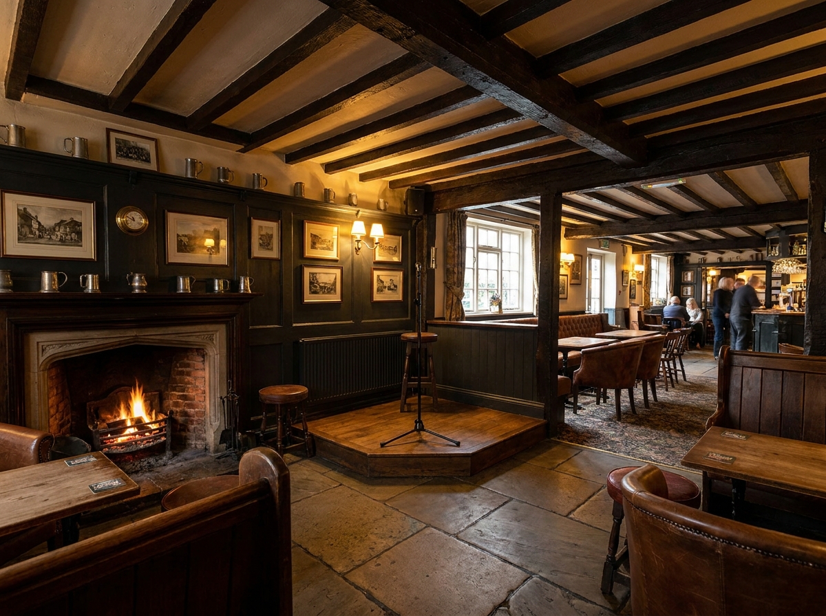 A corner of a pub in Northampton set up for a comedy night.