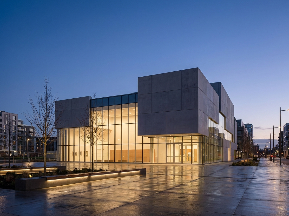 The exterior of a modern venue suitable for comedy events in Northampton.
