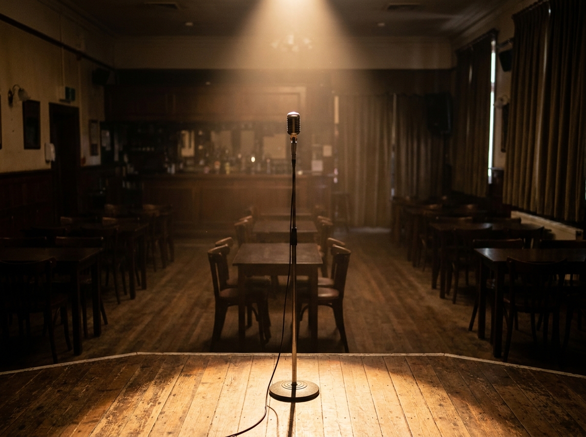 A microphone on a stand on a stage before a stand-up comedy show.
