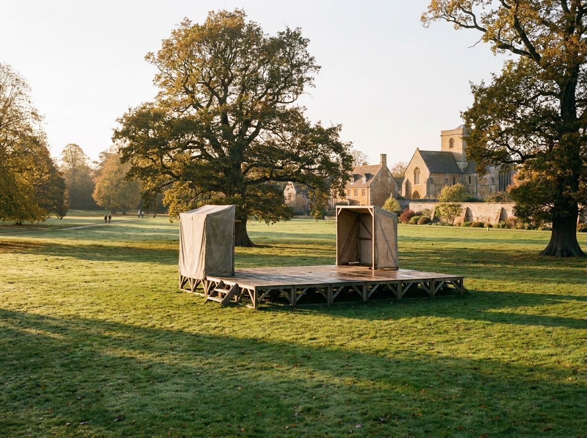 An outdoor festival stage set up for an event in a park in Northampton.