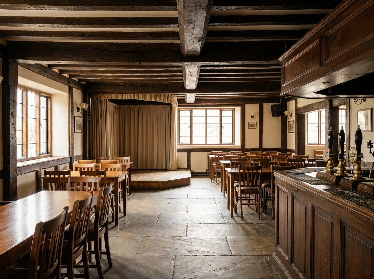 The interior of a traditional pub in Northampton, set for a comedy or music night.
