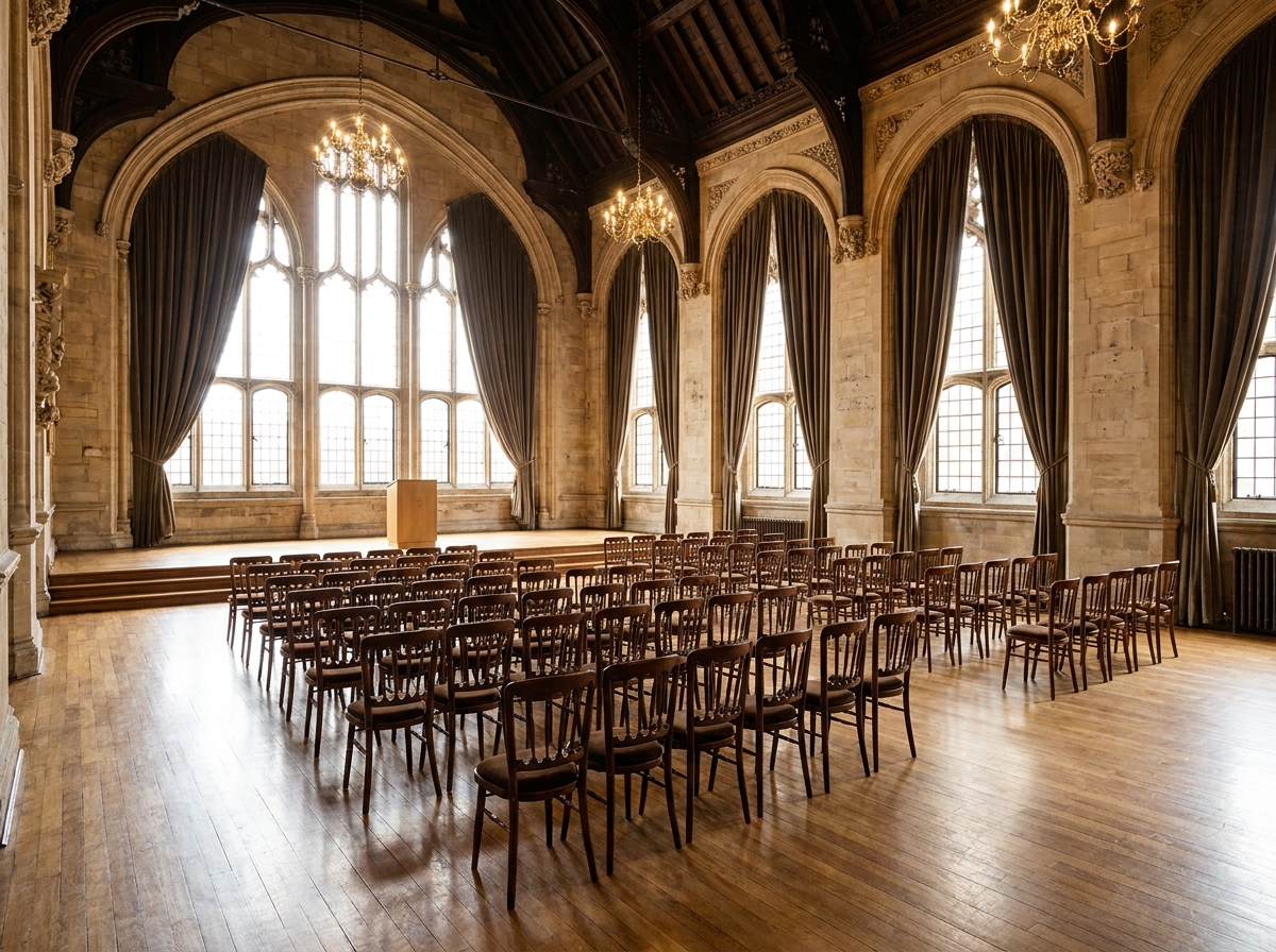An empty, historic hall in Northampton set up for a formal event or conference.