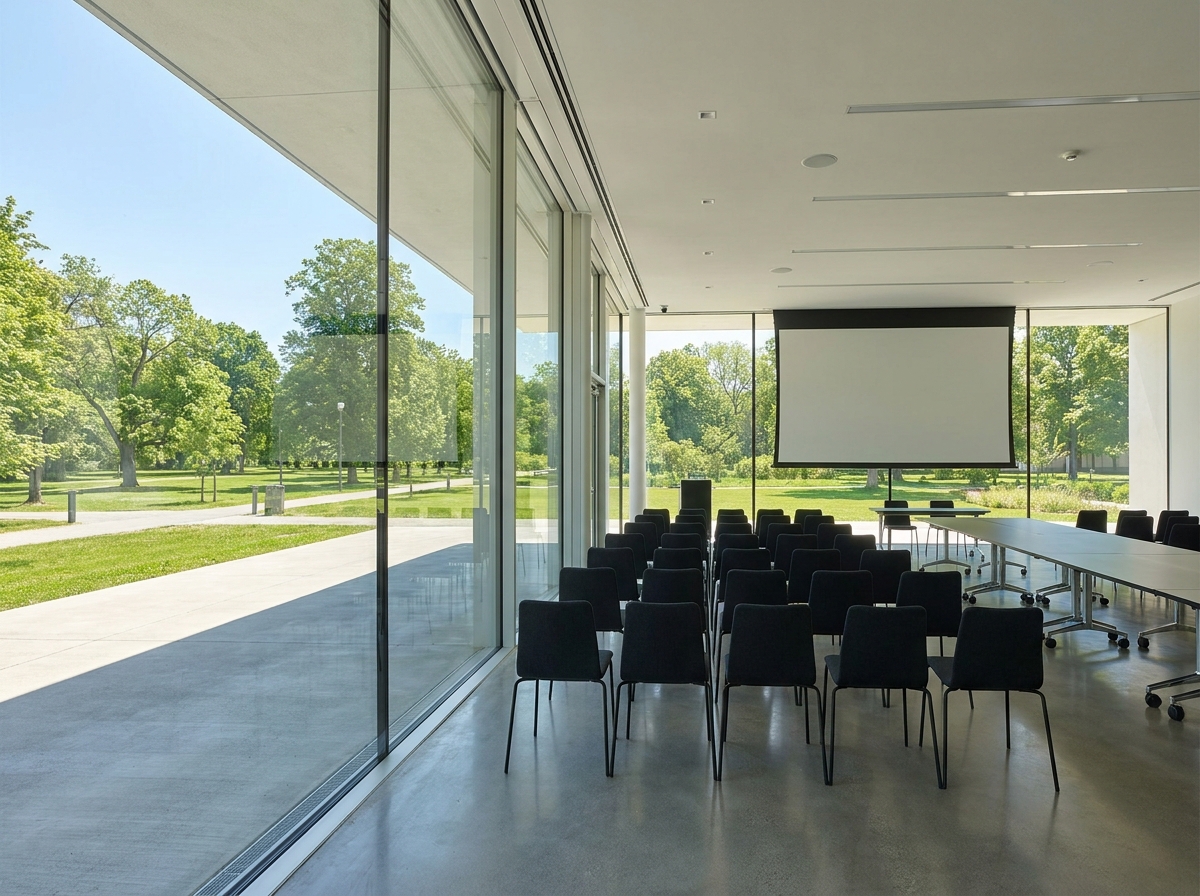 An empty seminar room ready for a business event in Northampton.