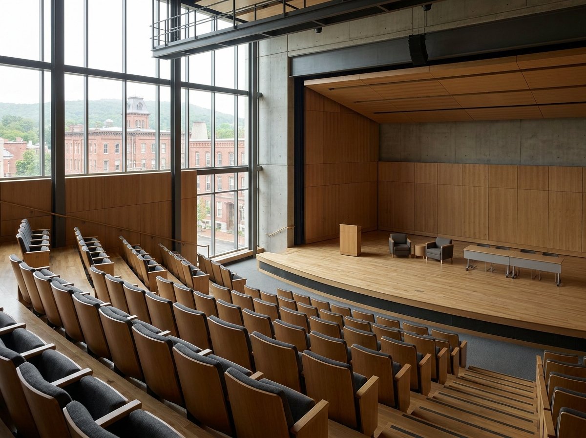 An empty conference theatre awaiting attendees for a business event.
