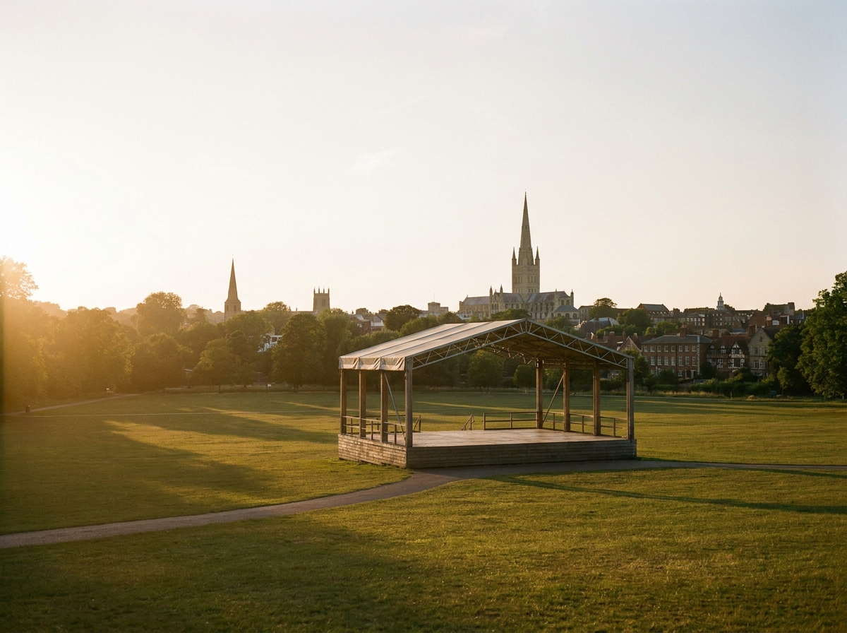 An outdoor festival stage set for a Norwich event at sunset.