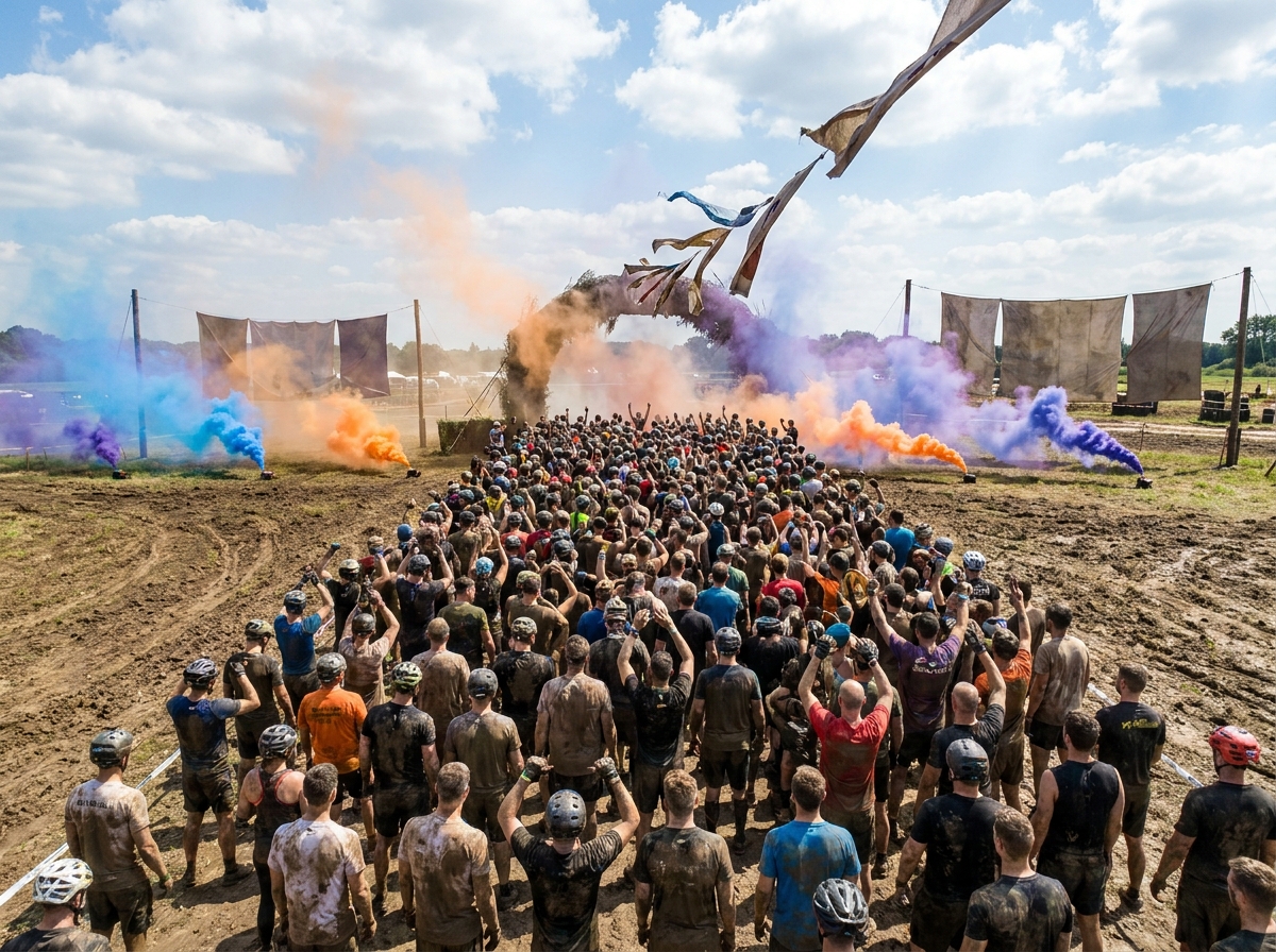 Racers at the starting line of an obstacle course challenge.