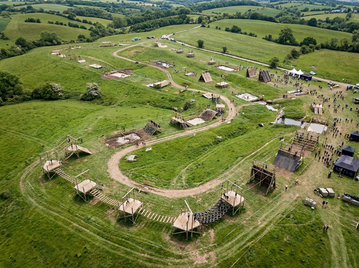 Aerial view of a complex mud run and obstacle course.