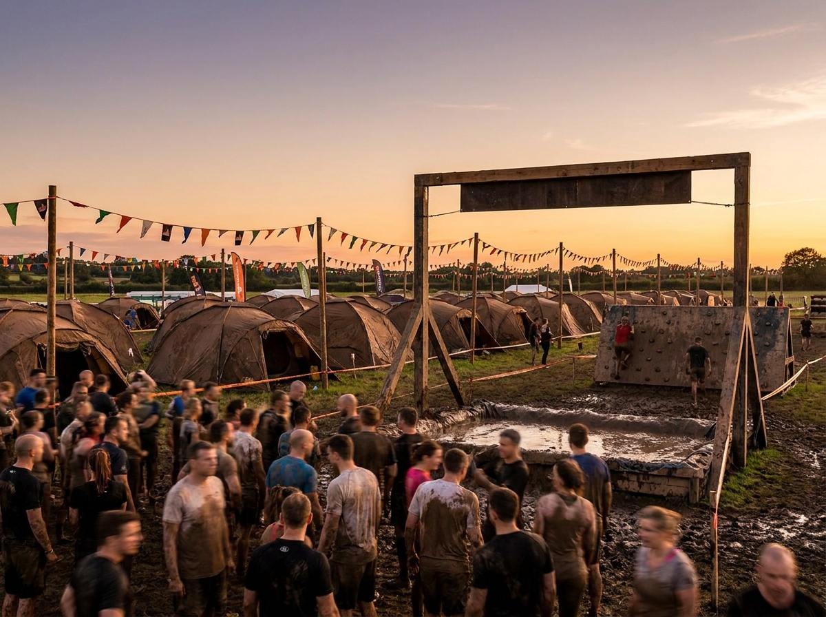The finish line and festival area of a tough mudder style event.