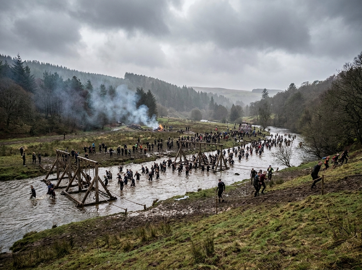 Racers tackling a water obstacle during a challenging mud run.