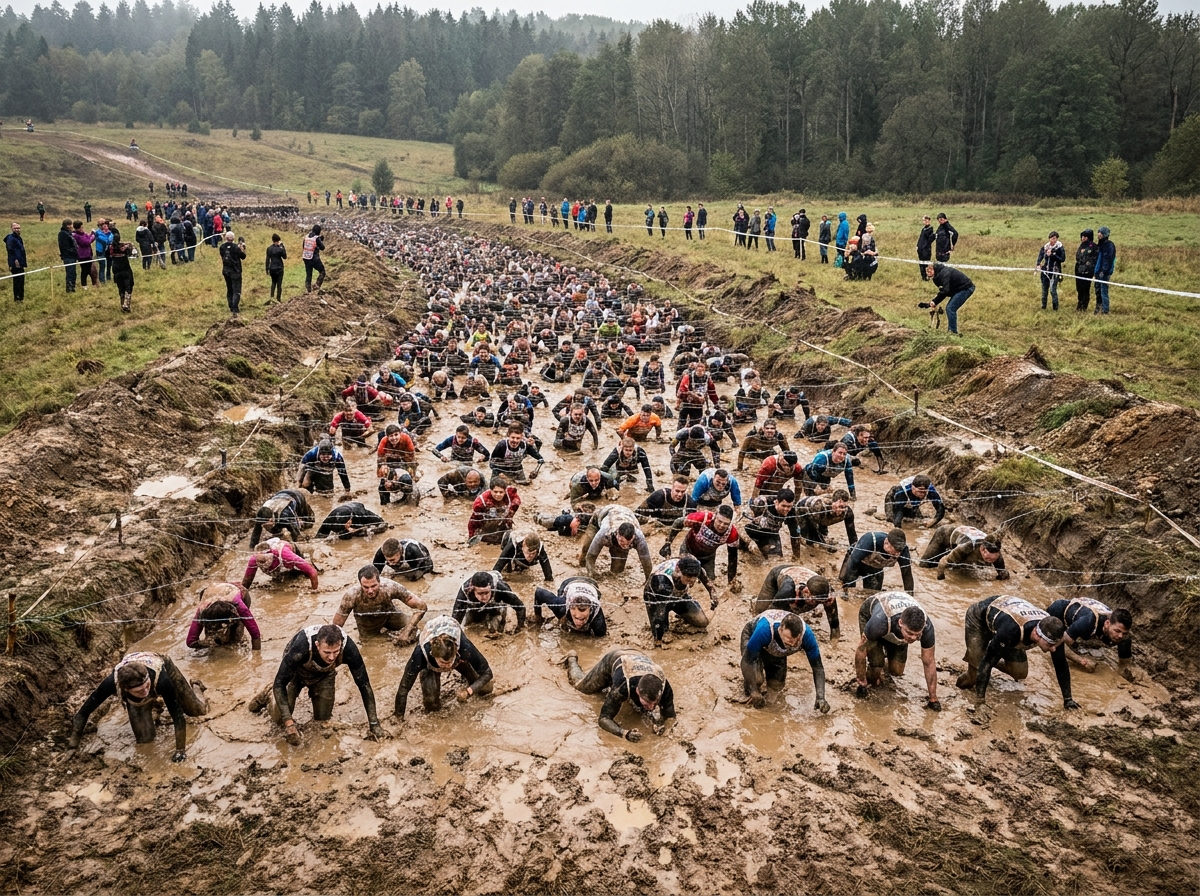 Participants navigating a mud crawl obstacle at a large-scale obstacles event.