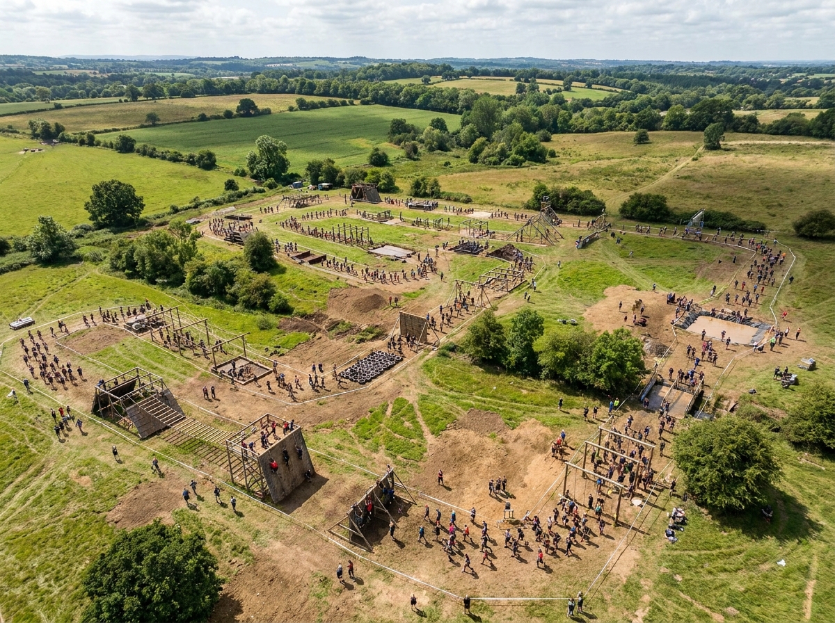An aerial view of a complete obstacle course layout in a large field.