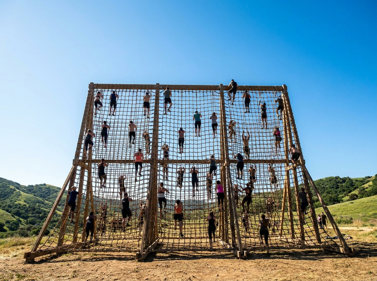 A group of racers climbing a large cargo net obstacle during a race.