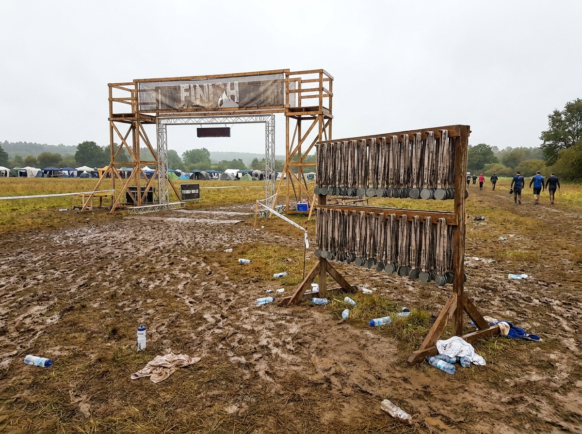 The empty, muddy finish line of an obstacles event with medals on display.