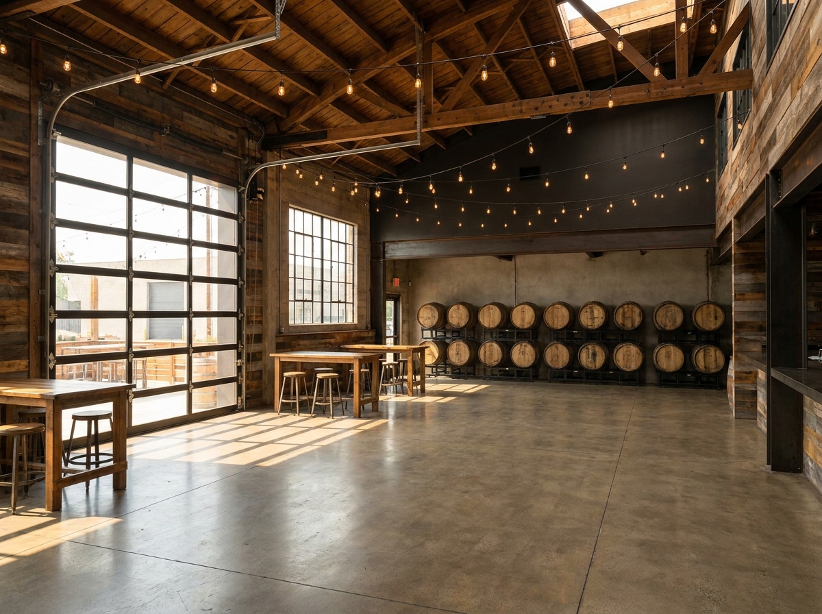 An empty craft brewery tasting room, a common venue for Oceanside events.