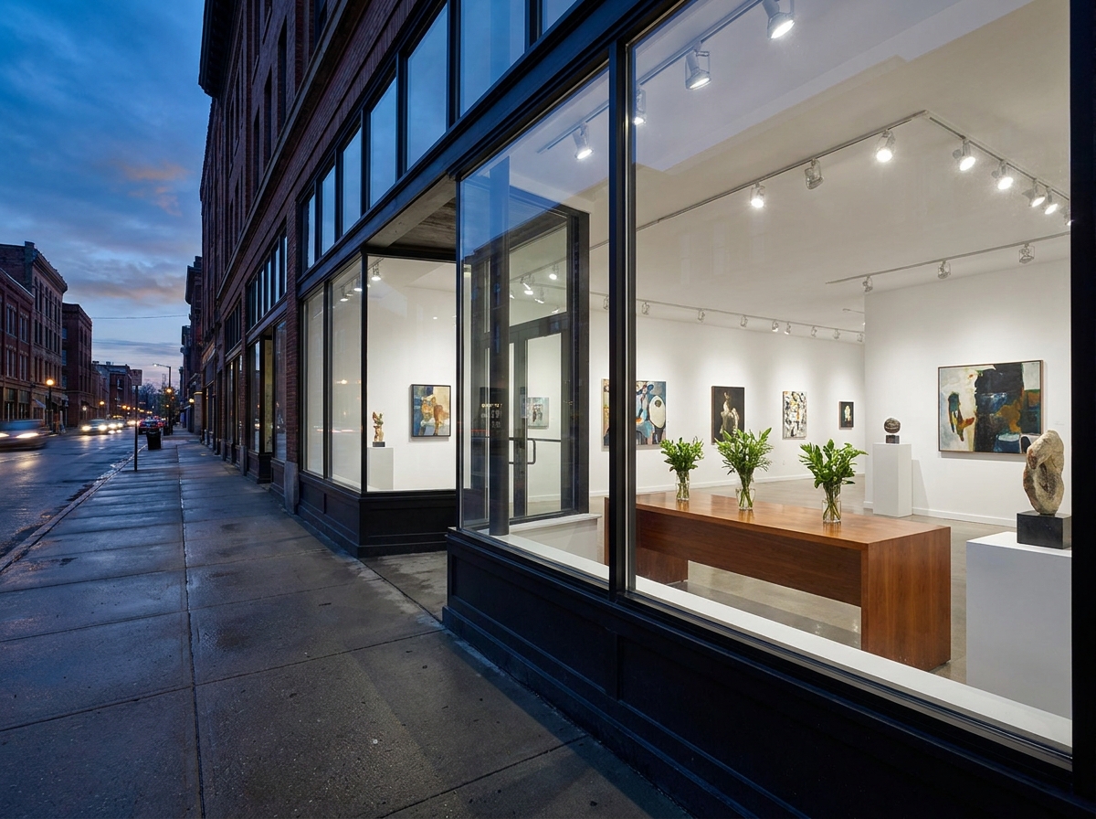 An empty art gallery space in downtown Oceanside, set up for a community event.