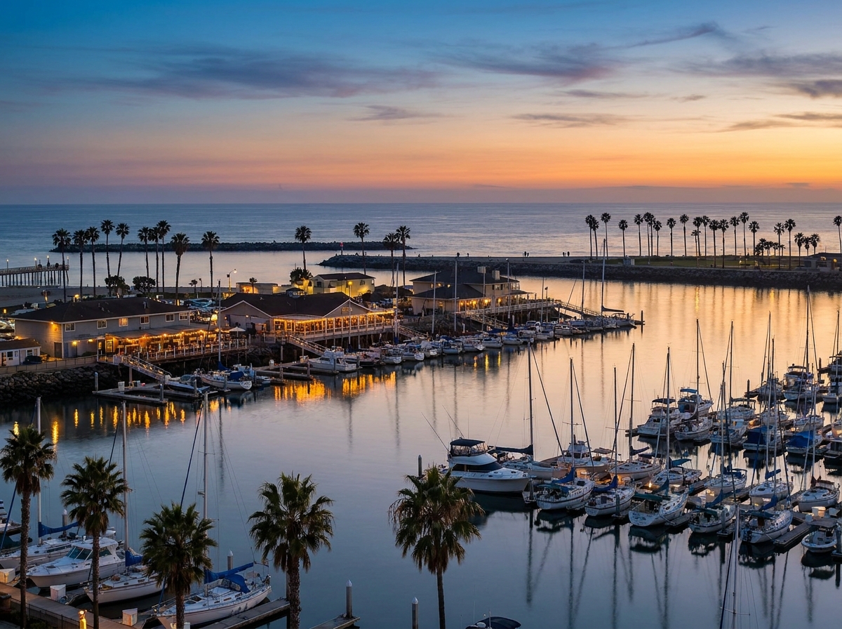 A scenic view of the Oceanside Harbor at dusk, a popular location for local events.
