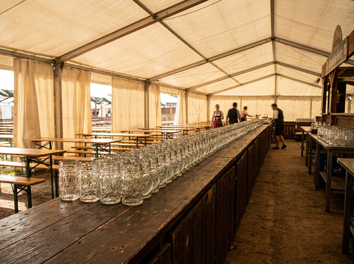 Beer steins lined up on a bar, representing custom ticket packages for an Oktoberfest event.