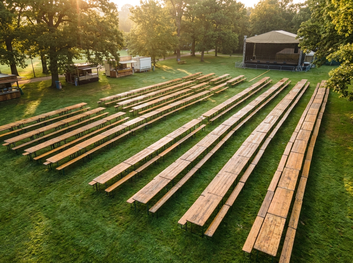 Aerial view of empty beer garden tables set up for an Oktoberfest event.