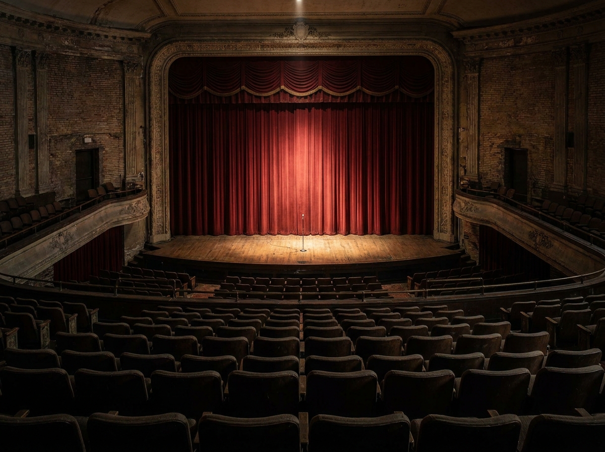 An empty theatre in Omaha prepared for a comedy performance.