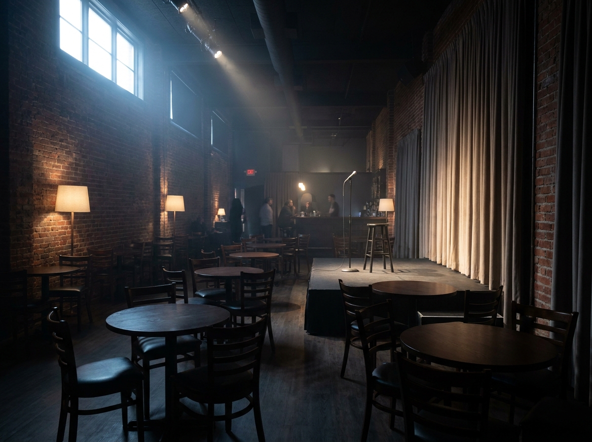 Empty tables at a comedy club awaiting the start of a show.