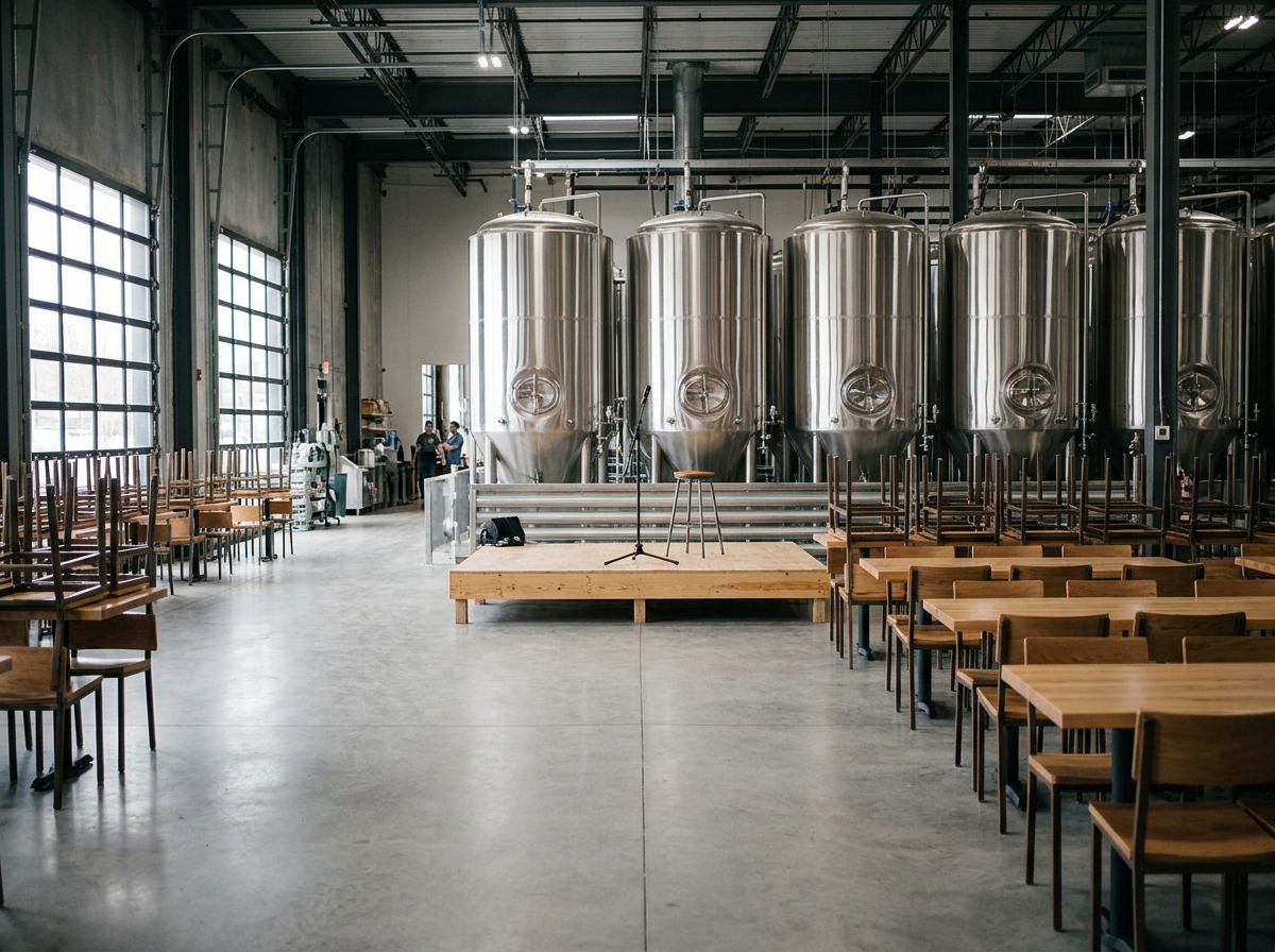 A simple stage set for a comedy night inside a brewery.