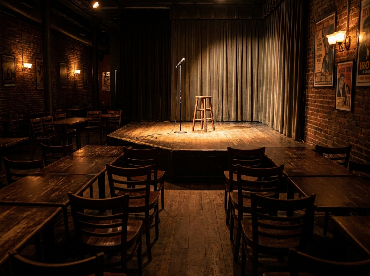 Looking towards the stage of an empty Omaha comedy club before a show.