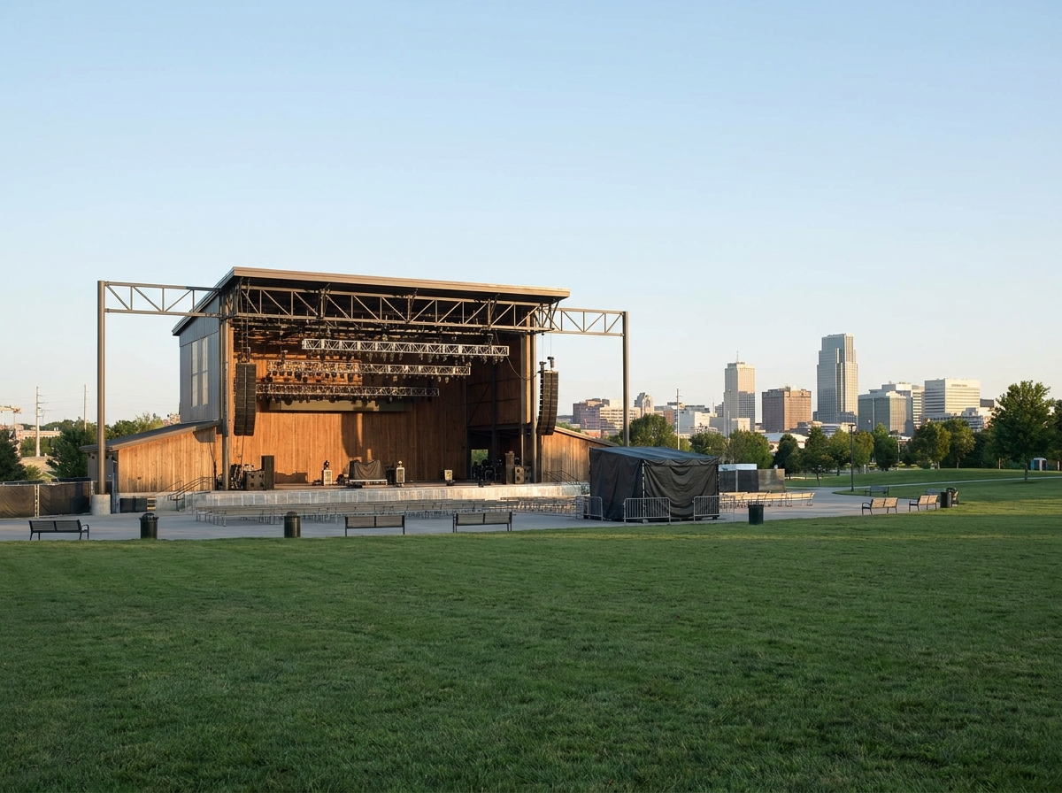 An outdoor stage set up in an Omaha park, ready for a festival.