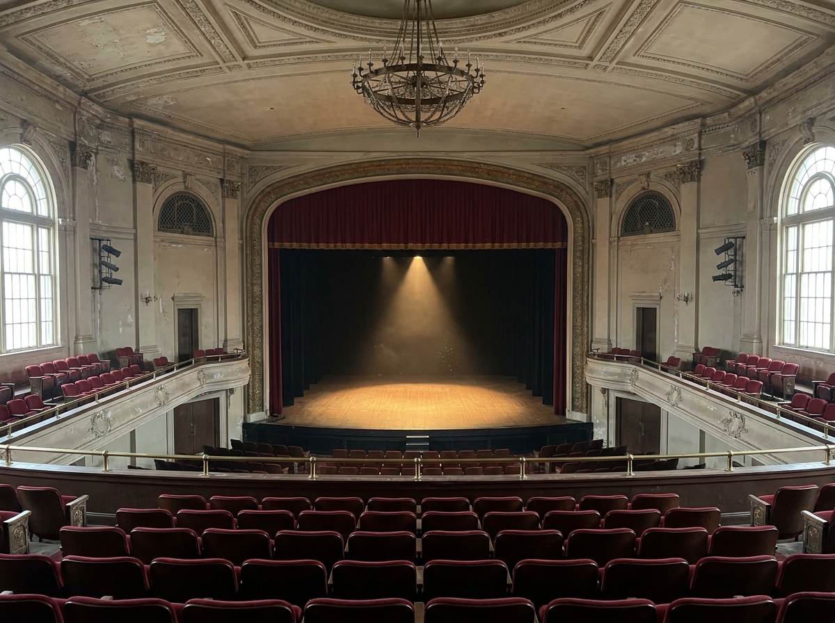 Empty seats in a classic Omaha theater before a ticketed performance.
