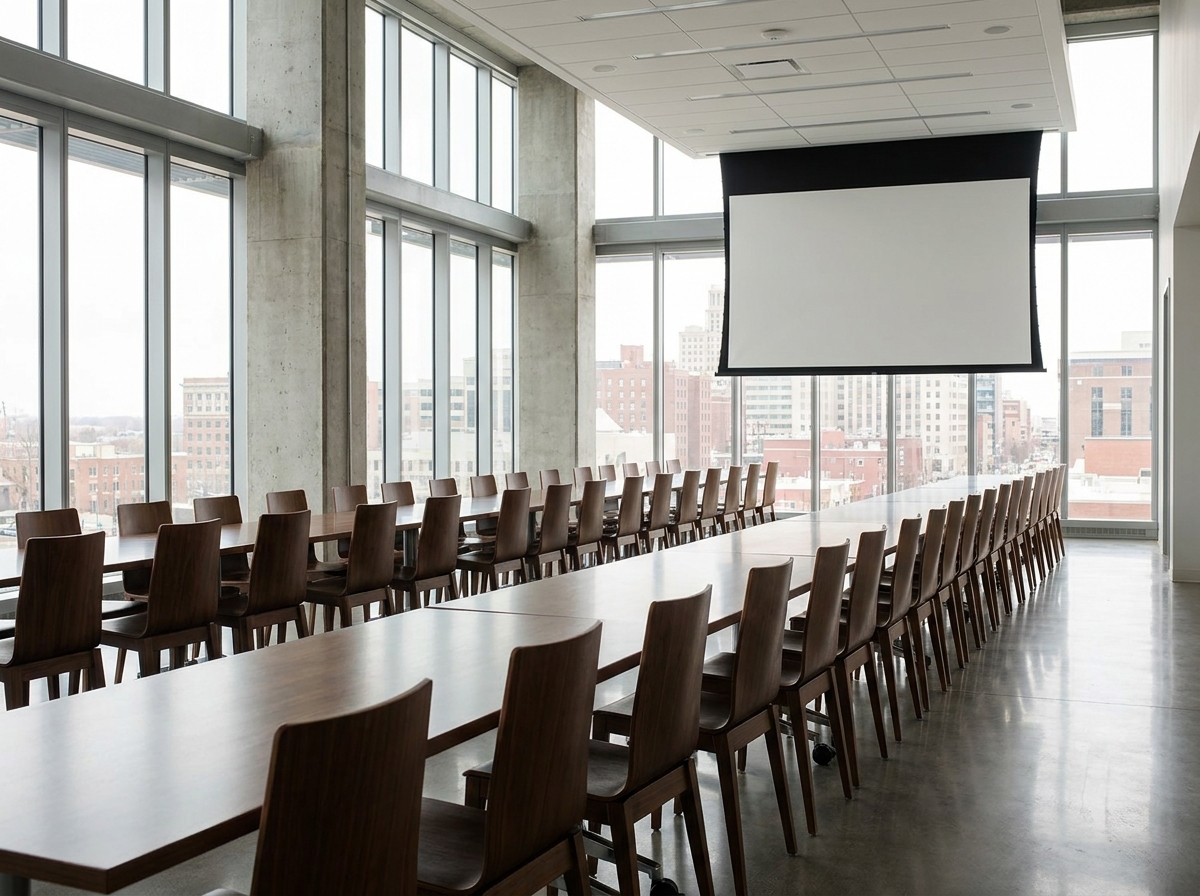 An empty conference room set for a corporate event in downtown Omaha.