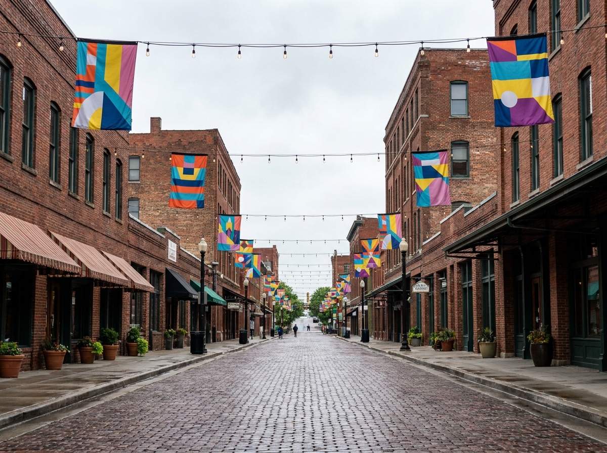 A cobblestone street in Omaha's Old Market prepared for an event.