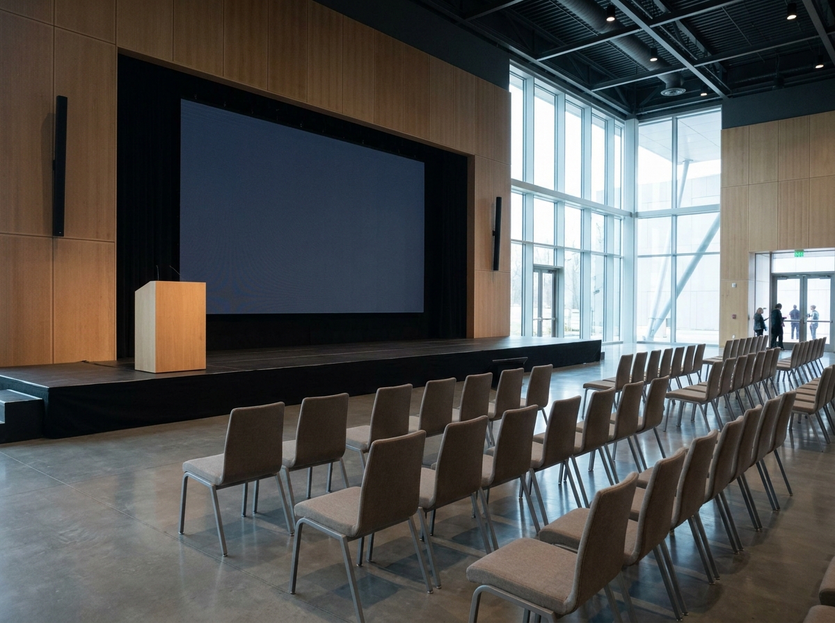 A stage ready for a panel discussion at a business event in Omaha.