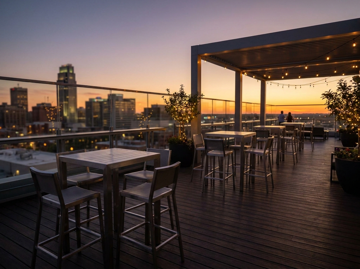 A rooftop venue in Omaha set for a professional networking event.
