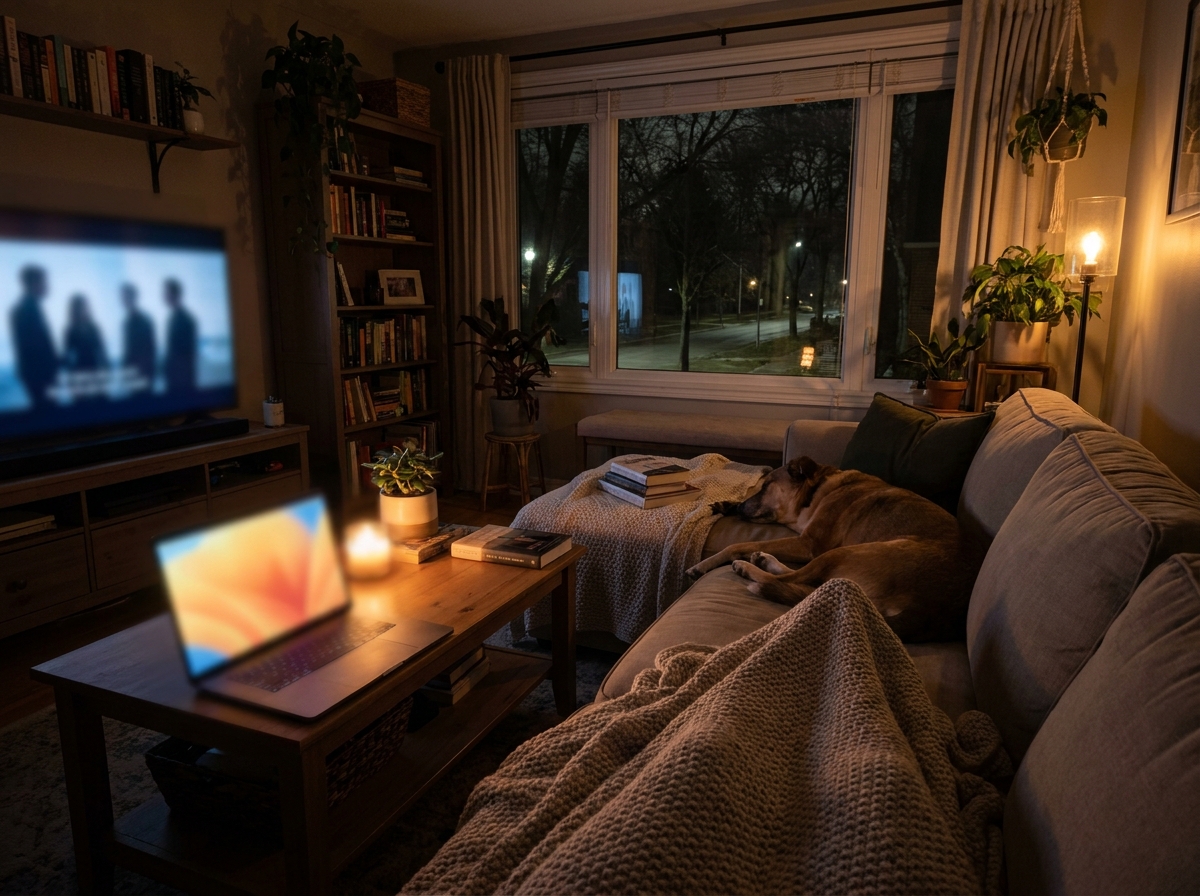 A person's living room setup, ready to watch a virtual comedy event on their laptop.