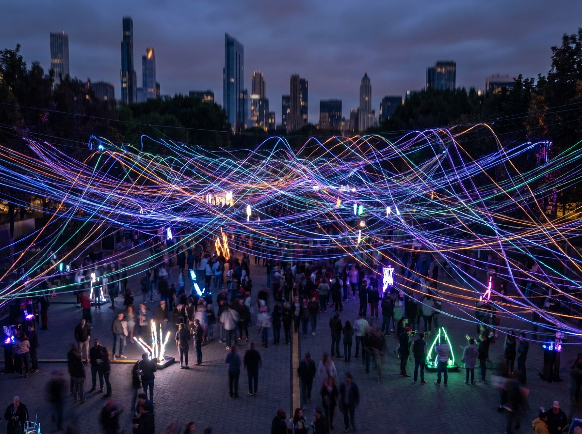 Abstract digital light patterns representing online ticket sales for a comedy show.