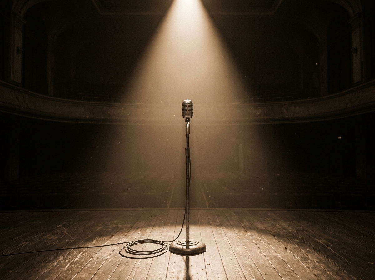 A spotlight on a microphone, symbolizing the virtual stage for an online comedy show.