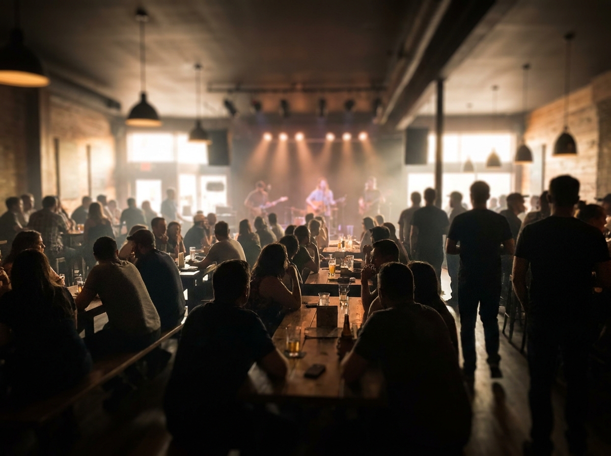 A diverse audience enjoying a performance at a local open mic night.