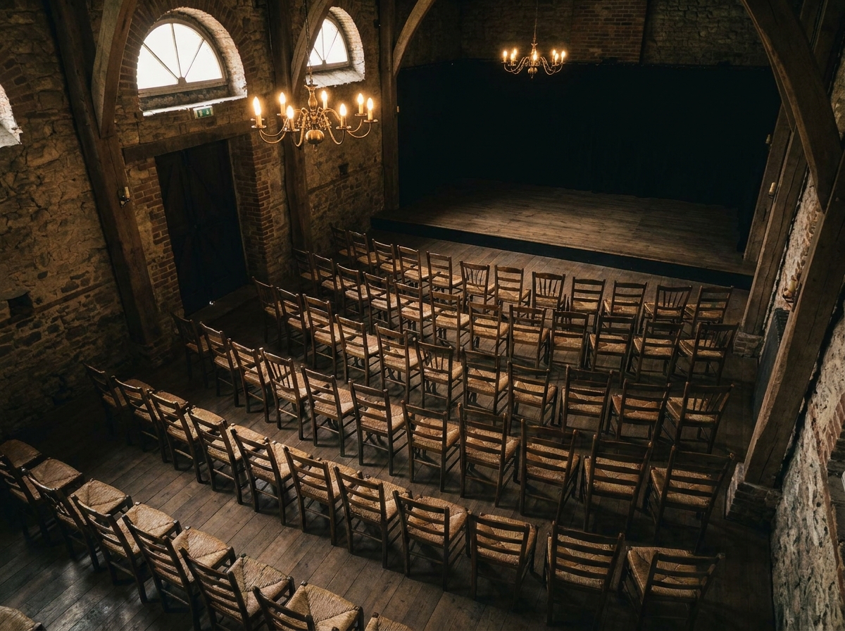Rows of empty chairs set up for an audience at an open mic event.