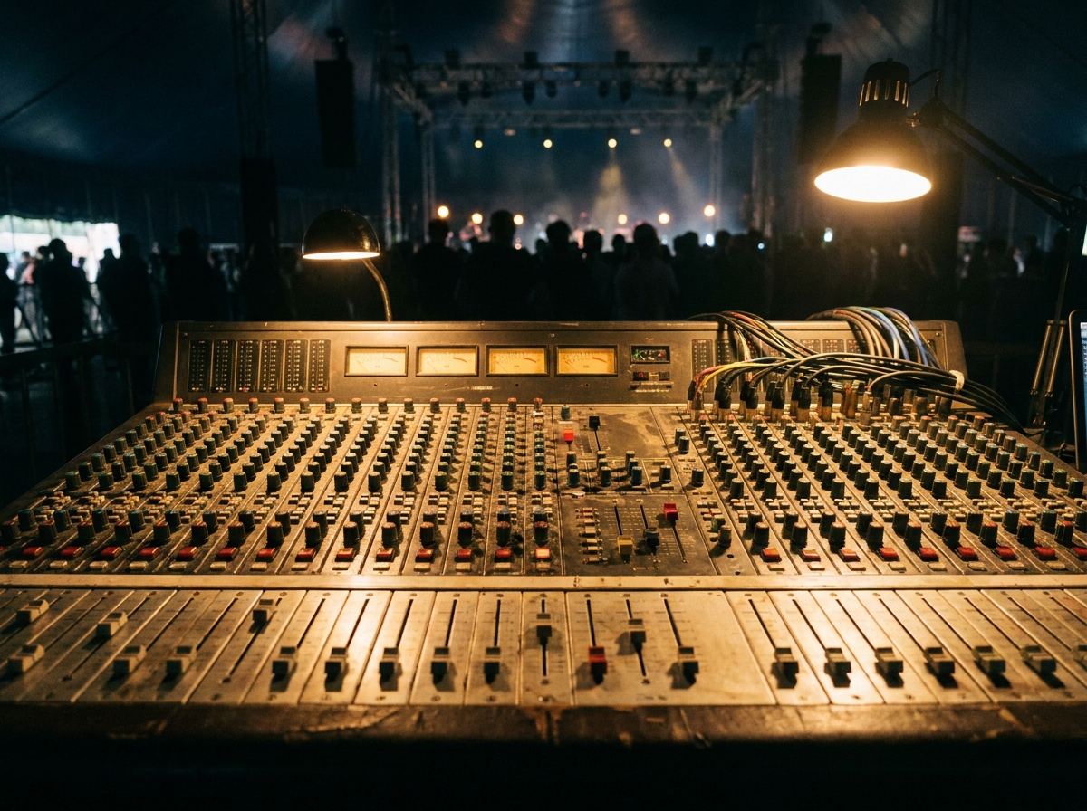 A sound mixing board at a live music venue, ready for an open mic night.