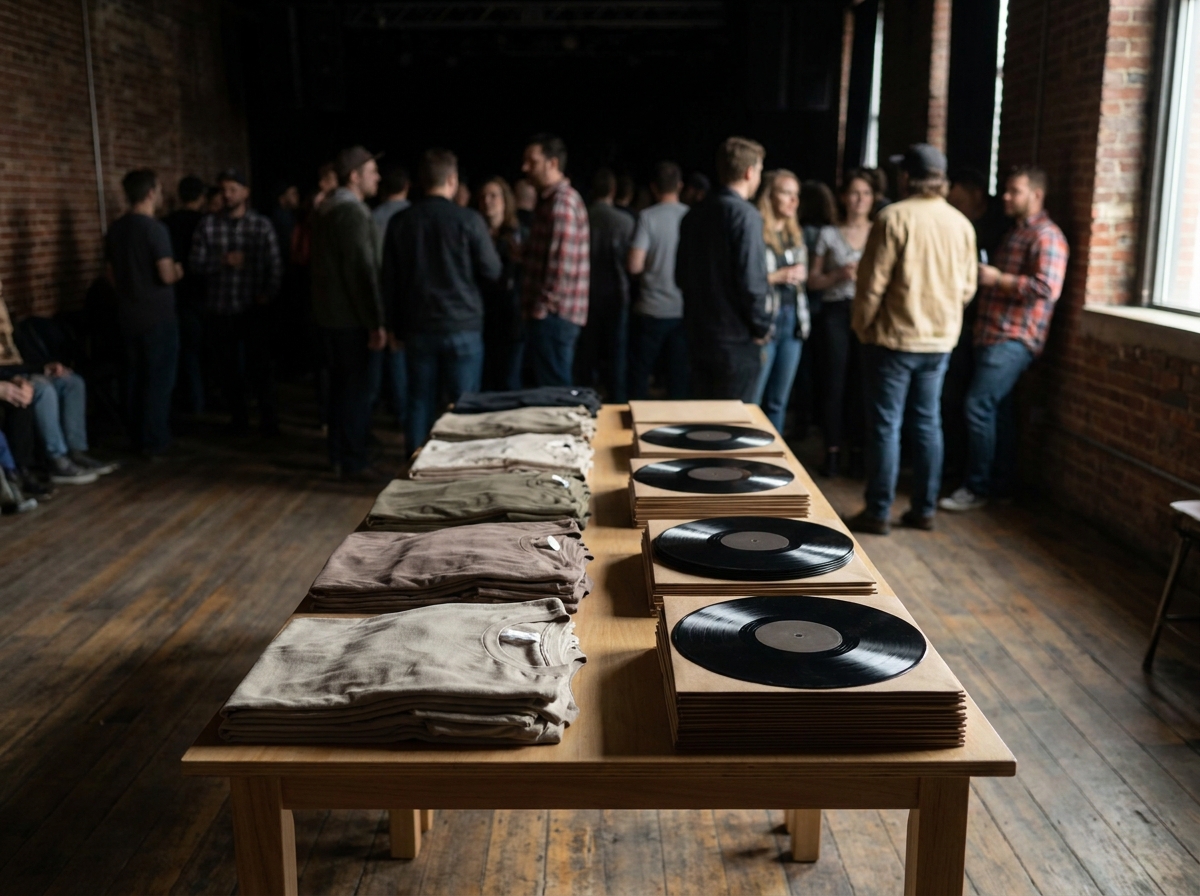 A merchandise table at a venue set up for an open mic night.