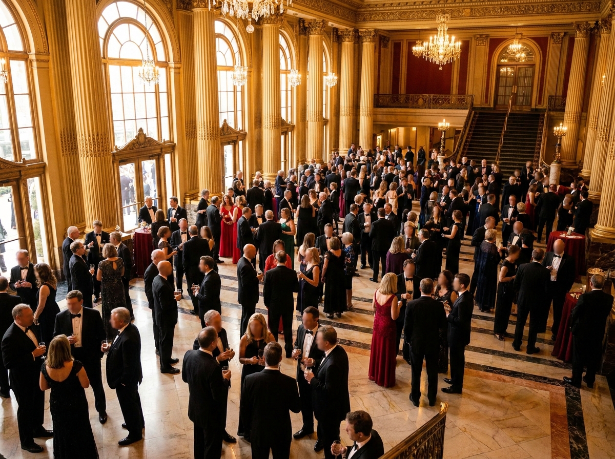 Attendees in formal attire mingling in the grand lobby of an opera house during intermission.