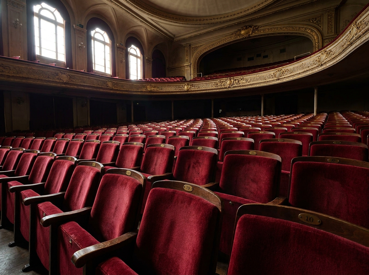 Rows of empty red velvet seats inside a dark, classic opera house.
