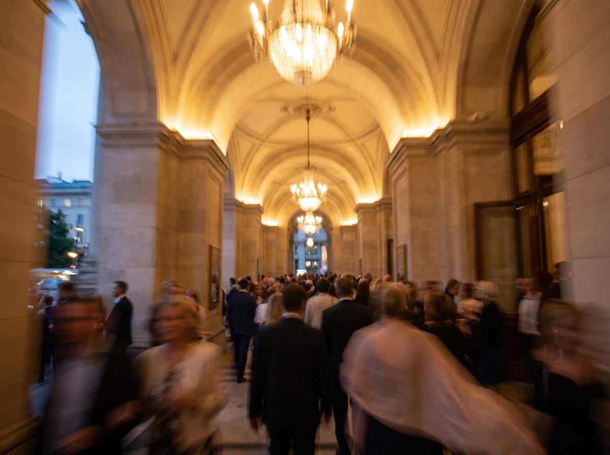 An abstract view of a guest entering a grandly lit theater for an opera.