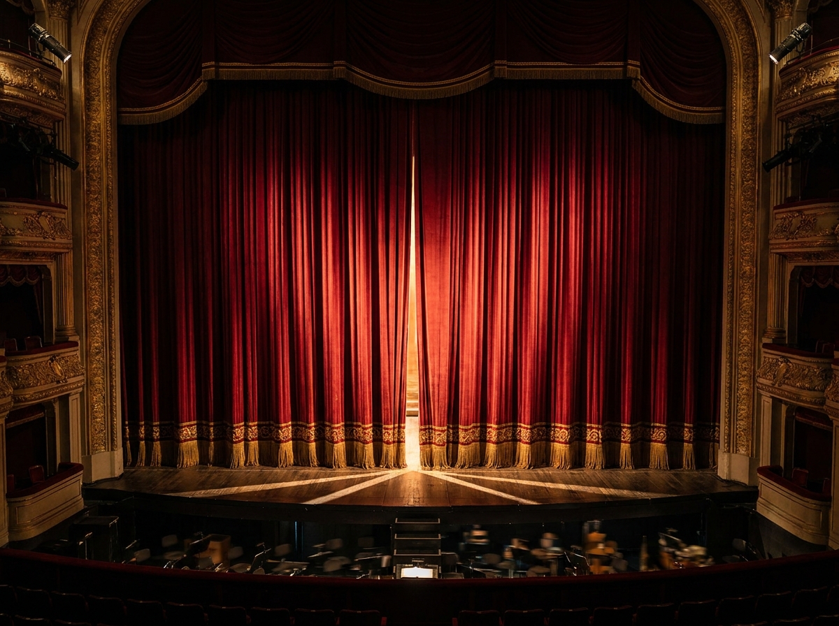 A close-up of a red velvet stage curtain at an opera house, slightly parted.