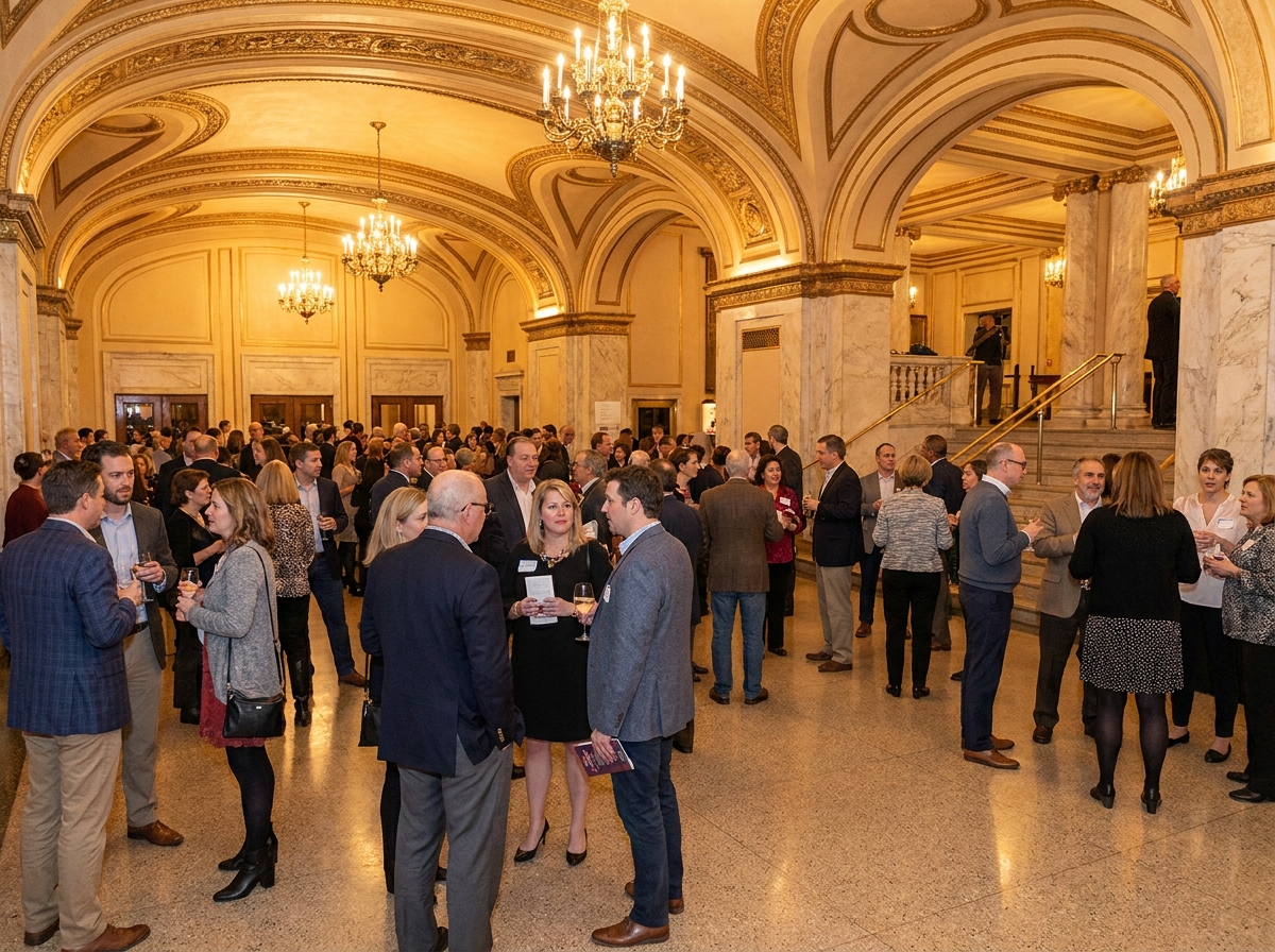Patrons mingling in an elegant theater lobby during an orchestra event.