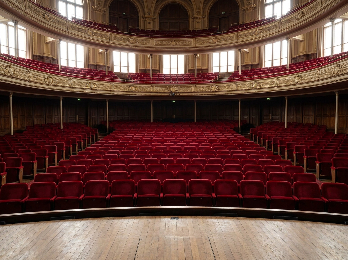 View of empty tiered seating in a formal concert hall for an orchestra.